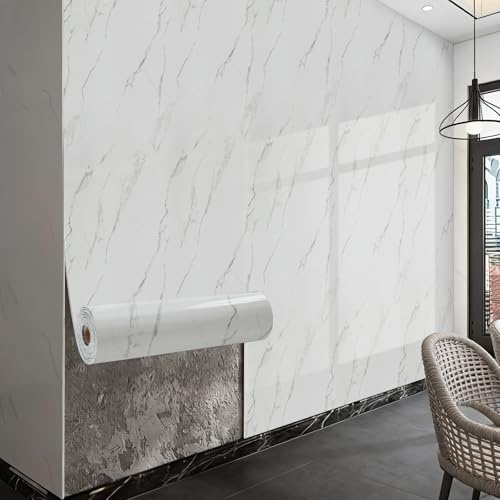 Takezuaa 5 Roll Marble Self Adhesive Wallpaper 40cmx300cm White Marble Contact Paper, Peel and Stick Wallpaper Waterproof PVC Sticker for Bathroom, Kitchen, Livingroom, Bedroom
