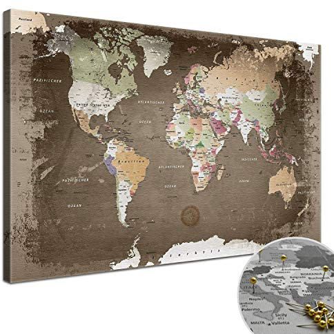 Stilvolle Pinnwand Weltkarte - Used - Deutsch in 120 x 80 cm, stabile Rückwand zum Pinnen inkl. Starterkit - Leinwand-Kunstdruck Wandbild Landkarte XXL