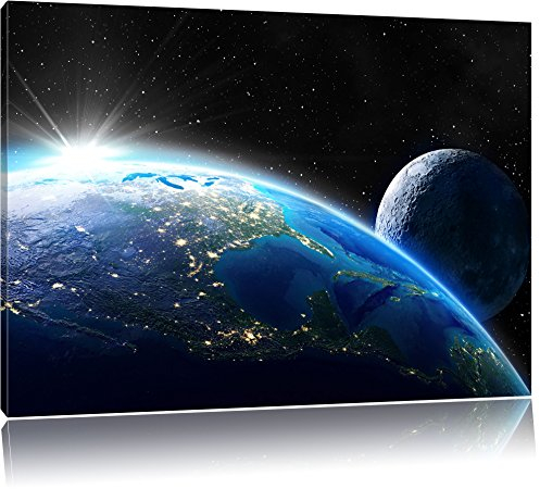 Pixxprint Erde und Ihr Mond aus dem All, Größe: 120x80cm, Leinwandbild, fertig gespannt, Wandbild, Dekoration, Kunstdruck, kein Poster