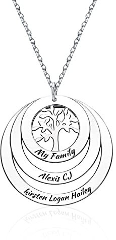 Collana di Famiglia Personalizzata con un massimo di 9 Nomi di Bambini Albero Della Vita Ciondolo Inciso Anello con Collana a Disco per Madre Nonna, Regalo di Gioielli di Natale