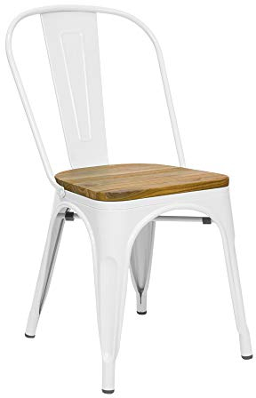 Vaukura Silla Oliix - Silla Industrial Metalica Brillo Asiento Madera (Blanco)