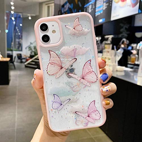 Emlivi Mobile Phone Case for iPhone 12 Mini Transparent Purple Butterfly Silicone Protective Case Clear Back Cover Butterfly TPU Case Cover Protective Shell for iPhone 12 Mini Pink Butterfly