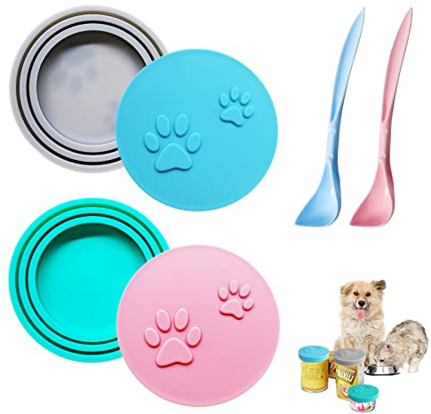 4 Stück Hundefutterdeckel Set mit 2 Löffel,Katzenfutterdeckel,Universal Silikon Dosendeckel für Hunde und Katzen für Haustier Futteraufbewahrung.
