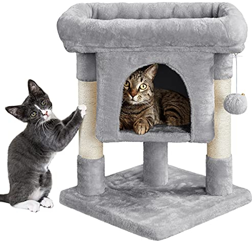 Yaheetech Árbol Rascador para Gatos Torre 3 Niveles 40,5 x 40,5 x 59 cm Centro de Actividad con Plataforma Condominio y Bola Colgante Gris Claro