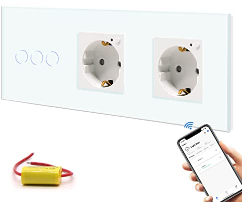 BSEED Wifi Smart Lichtschalter mit Steckdose,arbeitet mit Amazon Alexa and Google Home,tripel 3 Fach 1 Weg Glas Intelligente Wandschalter mit Steckdose 228mm Weiß(kein Neutralleiter benötigt)
