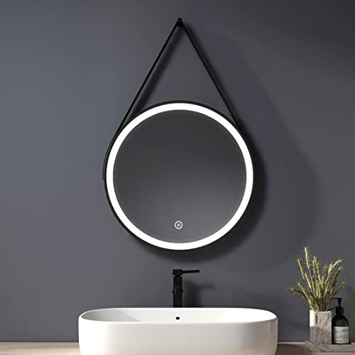 Heilmetz Espejo de baño led, diámetro 50 cm, Espejo Redondo con Cuerda, Espejo de baño Redondo Espejo de Pared con Interruptor táctil
