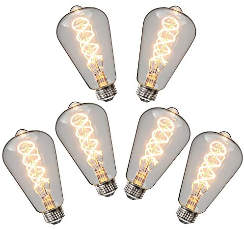 Ruihua 6 Packungen E27 4W Klarglas Doppelt Spiralförmige Flexible Glühbirne ST64 Vintage LED Glühlampe(40W Äquivalent) Warmweiß 2700K 400LM Nicht Dimmbare Retro Edison LED Energiesparlampe