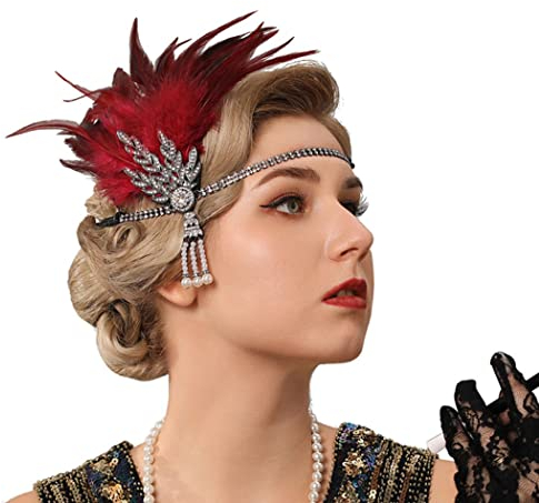 Generse Flapper-Stirnbänder mit Quaste, Kristall-Feder-Stirnband, Great Gatsby, Kopfschmuck, 1920er-Jahre, Haarschmuck für Damen, 1 Stück, Rot