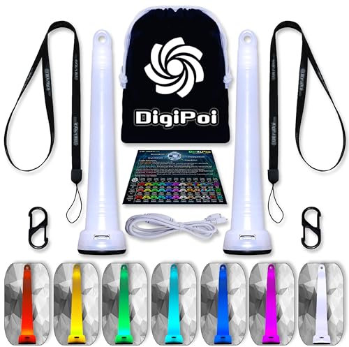 UltraPoi Digi Poi Set - Rechargeable Pocket LED Glow Stick Poi - Rainbow Light Stick with S Hook Clip & Lanyard - Customizable & Wearable LED Concert Light Stick for Poi, Camping, Backpacks & Parties