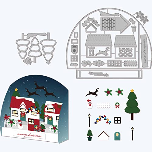 GLOBLELAND 3D Weihnachtshaus Stanzformen für die Herstellung von Karten Straßenbeleuchtung Rentier Schneemann Weihnachtsbaum Girlande Pflanze Geschenk Stanzformen Schablonen für Scrapbooking
