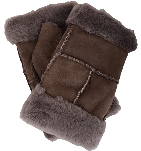 SNUGRUGS Damen-Handschuhe für den Winter, dick, weich, echtes Schaffell, fingerlose Fäustlinge, braun, Small-Medium