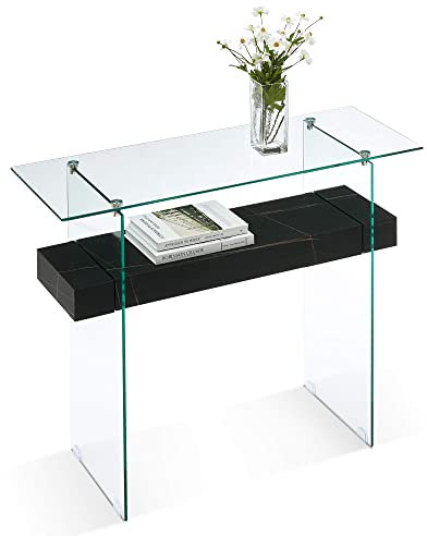 ivinta Tavolo consolle stretto in vetro con contenitore, tavolo moderno per piccoli spazi, tavolo da ingresso con ripiani neri, scrivania per computer in vetro, tavolo TV per soggiorno, corridoio