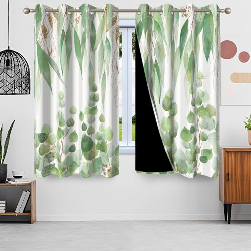 Uiiooazy Gardinen Eukalyptus, Vorhang Grün Blätter Pflanzen Textil Vorhänge Blickdicht Polyester Gardine Verdunklungsvorhänge mit Ösen für Wohnzimmer Schlazimmer Fenster Balkon 2er Set, 140x225cm
