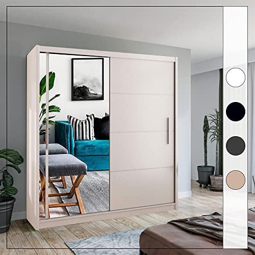 Modern Double Sliding Door Wardrobe 2 Mirrored Hanging Rails & Shelves Storage Cabinet for Bedroom (White, 150cm)