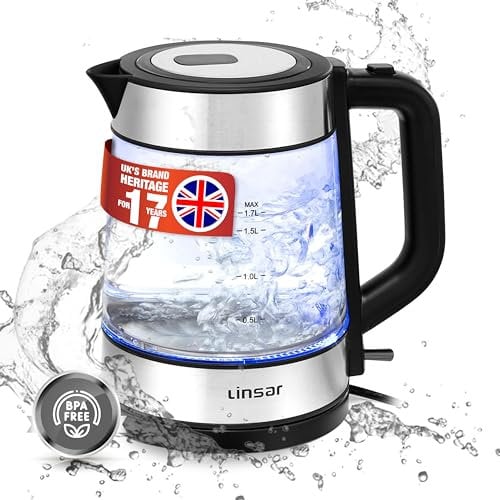 Linsar - Electric Glass Kettle - 1.7L with Blue LED - With Removable Filter, Heat- Resistant Glass, Cordless Base, Fast and Quiet Boil - BPA-Free - 2200 Watt