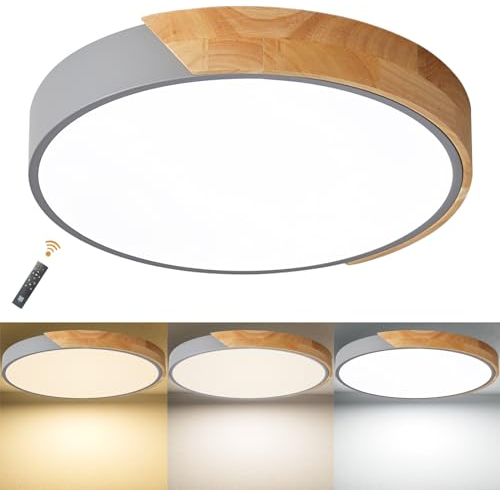 LuFun Dimmbare Deckenleuchten, 24W Graue Runde Moderne Deckenleuchte aus Holz, Deckenleuchte für Wohnzimmer Schlafzimmer Küche Wohnzimmer Flur, Ø 30cm