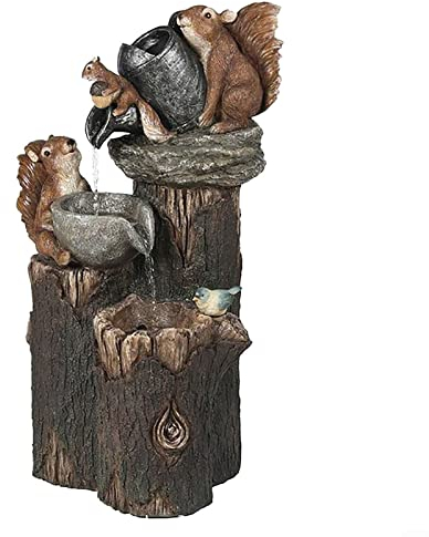 RANRAO Wasserspiele im Freien für Garten, Eichhörnchen Wasserbrunnen Outdoor Skulptur, Harz Tier Statue Wasserspiel Brunnen mit LED-Lichtern für Terrasse Dekoration