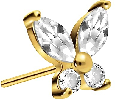 PIERCINGLINE Titan Aufsatz mit Push Pin KRISTALL SCHMETTERLING OHNE Labret Stecker Piercing Ohr Conch Tragus Helix Goldfarben