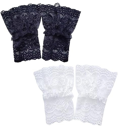 JOCXZI guantes blancos,guantes negros,Guantes de encaje de imitación sin dedos para novias y damas de honor, guantes cortos de encaje para banquetes, fiestas, bodas,2 pares de blanco y negro