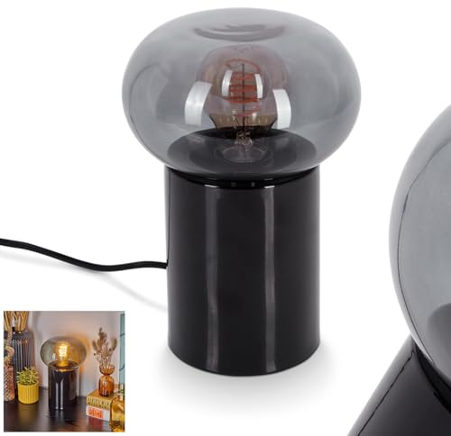 Tischleuchte Tati, moderne Nachttischlampe aus Metall/Glas in Schwarz/Rauchfarben, runde Tischlampe im Retro-/Vintage Design, Ø 15cm, Höhe 22cm, m. An-/Ausschalter am Kabel, 1 x E27, ohne Leuchtmittel