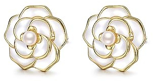 Reffeer 925 Sterling Silver Camellia Flower Studs Earrings for Women Earrings Flower Stud Earrings Cute Pearl Studs (B-18K Gold Plated)