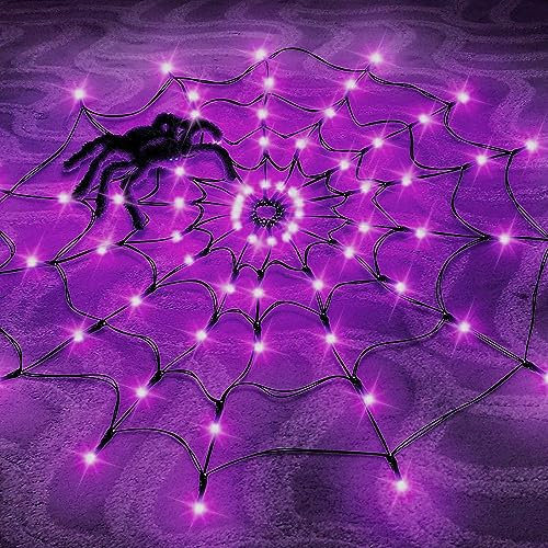 Halloween Decorations Spider Web Outdoor Lights,Outdoor Battery Operated Halloween String Lights with 8 Modes Remote Control 70 LED 4Ft Spiderweb for Home Yard Garden Window Purple