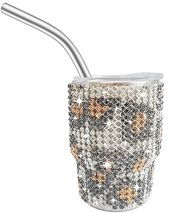 INSTOME Bling Mini Tumbler Schnapsglas, 85 ml, Diamantbecher, Schnapsglas mit Strohhalm, Glitzer, kleines Schnapsglas zum Servieren von Spirituosen, Reisen, Camping (1 Stück) (Leopard)