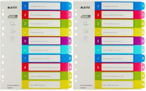 Leitz A4 12430000 Wow 1-10 Index, PC-Printable, Extra Wide, Heavy Duty Plastic, Multicolour (Pack of 2)