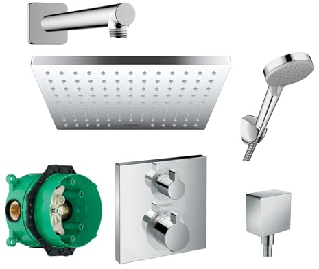 Hansgrohe Duschsystem mit Unterputz Duscharmatur von Hansgrohe Regendusche mit Armatur, Duschkopf eckig, Wandarm Dusch-SET HGK03 poliert