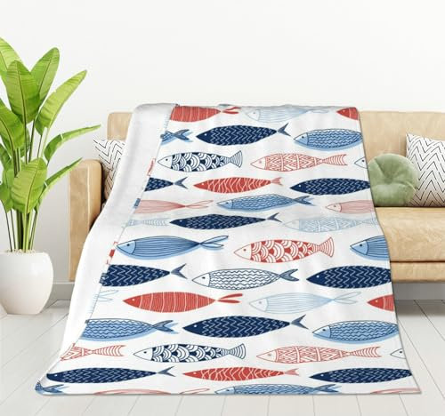 HGOD DESIGNS Blaue und rote einfache Fisch-Überwurfdecke, ultraweich, warm, für alle Jahreszeiten, Fische, dekorative Fleecedecken für Bett, Stuhl, Auto, Sofa, Couch, Schlafzimmer, 130 x 150 cm