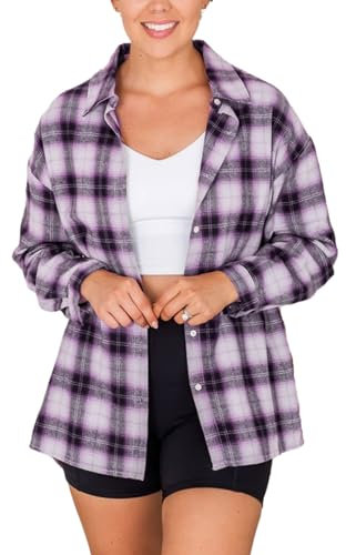 Zontroldy Chemise à carreaux en flanelle pour femme - Manches longues - Boutonnée - Chemisier à carreaux de buffle, blanc/violet, XX-Large