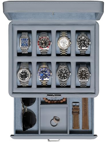 ROTHWELL Luxus-Uhrenbox für 8 Uhren, Schatulle für Uhren aus Kunstleder mit Echtglasdeckel, Schublade für Zubehör mit mehreren Fächern, Arctic Mist