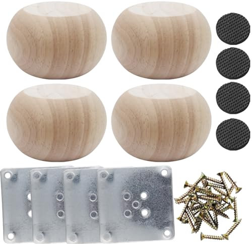 Btibpse 2 Inch Wooden Bun Feet Sofa Replacement Parts Round Furniture Legs Unfinished Sofa Couch Chair Ottoman Replacement Legs Solid Wood Cabinet Legs Set of 4 (2 inch Unfinished)