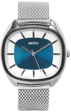 Aristo Unisex Quarz-Armbanduhr - Milanaisearmband und poliertes bicolores blaues Edelstahl Ziffernblatt mit Front aus Mineralglas - Made in Germany