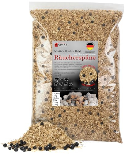 Moritz Räucherspäne Buche Wacholder mittel 5 kg – Forelle Fisch Wurst Lachs | gleichmäßiger Abbrand, harzige Wacholdernote, für Räucherschrank, Räucherbox und Elektrogrill, große Vorratspackung