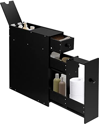 KOMFOTTEU Armario de Baño Estrecho, Mueble de Almacenamiento con 2 Cajones, Estantería Lateral Ahorra Espacio, Columna de Baño, Armario de Suelo para Cocina, Oficina, 48 x 16 x 58 cm (Negro)