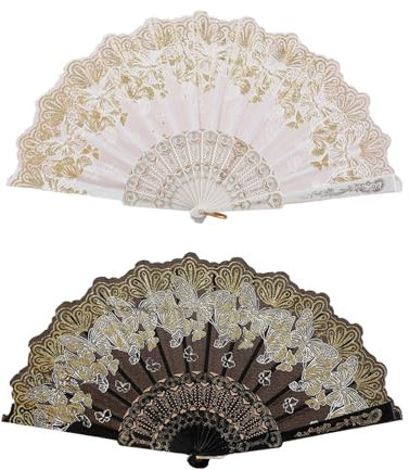 Folding Hand Fans,2 Pcs Butterfly Pattern Handheld Folding Fan for Women Men,Black and White Lace Chinese Fan,Chinese Silk Fabric Handheld Fan for Wall Decoration Dancing Wedding Festival Party Gift
