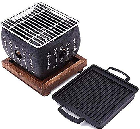 LELEW Barbecue-Grill, Outdoor-Grill, Familienfeier, japanischer Mini-Grill, Holzkohle-Tisch-Holzkohlegrill, mit Drahtgeflechtgrill und Holzsockel, 15 x 15 x 13 cm