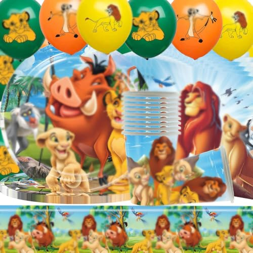 Il Re Leone Stoviglie di Compleanno Set,L-ionSet di Stoviglie per Feste,K-ing decorazione da tavolo ,Tazze,palloncino,Tovaglioli per Compleanno (53PCS 10 Ospiti)