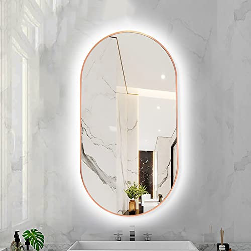 BomDog Miroir de Salle Den Ovale À Led Avec Cadre En Métal, Miroir de Courtoisie Mural Rétro-Éclairé/Rose Gold - White Light/50X100Cm