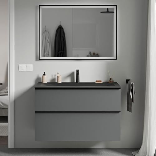 BERNSTEIN Badmöbel-Set Lavoa, Waschtisch-Unterschrank mit Waschbecken 100cm in Anthrazit - CREAM - Schwarz matt mit Hahnloch - 2 Schubladen, Griffe in Schwarz, vormontiert, 5 Jahre Garantie