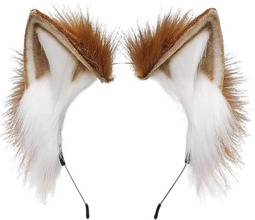 Scinzene Handgefertigtes Fell Fuchs Katzenohren Stirnband, Therian Stuff, Fuchs Ohren, Fuchsohren, Therian Ears, Halloween Weihnachten Kostüm Anime Cosplay Damen (Braun Weiß)