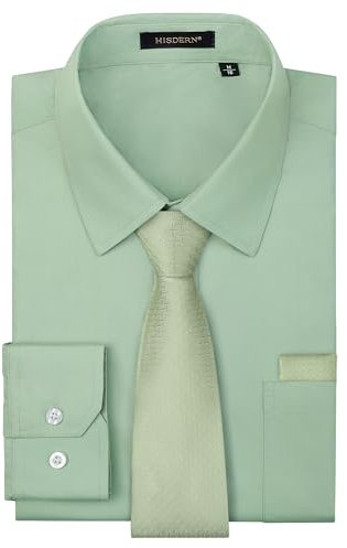 HISDERN Herren Hemd Salbei Grün Anzughemd Langarm Hemd mit Krawatte Set Formelle Business Hochzeit Herrenhemd Regular Fit M