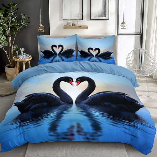 Quixora Bettwäsche Tierischer Schwarzer Schwan Muster 135 x 200 cm Wendebettwäsche aus Mikrofaser für Mädchen und Damen, Blau, Mit 80x80 cm Kissenbezug und Reißverschluss