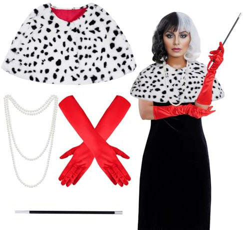baotongle Frauen Halloween Dalmatin Kostüm 1920er Jahre roter Handschuh Faux Perlen Halskette Schwarz Weiß Grausam Dalmatin Schal Stola für Erwachsene für Cosplay