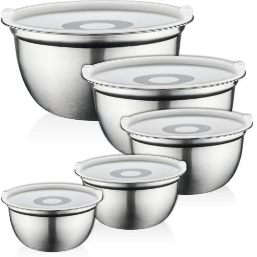 LOFERMA 5-Piece Stainless Steel Mixing Bowl Set with Lids – Durable, Rust-Resistant, Ideal for Cooking, Baking and Storing – Perfect for Home and Professional Kitchens (Stainless Steel with Lid)