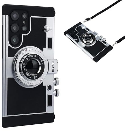 QoKcoahn Schutzhülle für Samsung Galaxy S25 Ultra, Kawaii 3D-Cartoon-Vintage-Kamerahülle mit langem Umhängeband, Silikon, Polycarbonat, stoßfest, Schwarz