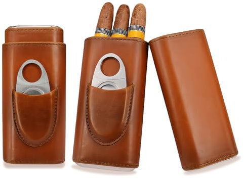 Estuche para Puros, Humidor de Puros Caja de 3 Tubos, Humidor Puros Forrado en Madera de Cedro con Cortador de Cigarros de Acero Inoxidable, Estuche de Cuero Portátil, Humidores de Cuero (Brown)