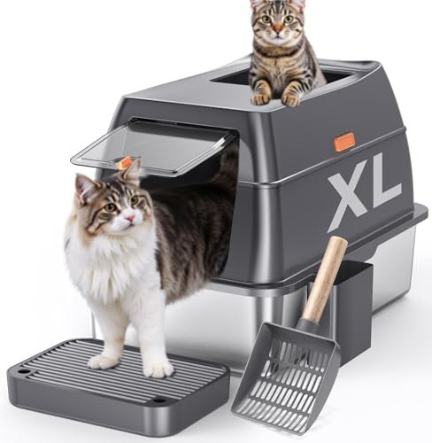 Gimars 3 in 1 Hochwandiger Anti-Auslauf Edelstahl Katzentoilette XXL mit Deckel, Extra Großes Geschlossenes Katzenklo XXL mit Schaufel, Front- und Deckeleinstieg für Mehrkatzenhaushalte