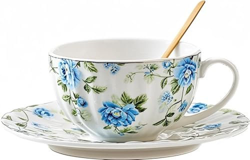 Eplze YBK Tech Ceramic Cup and Saucer Set, 6.8oz Coffee Cup for Afternoon Tea- Country Floral Pattern (Blue)
